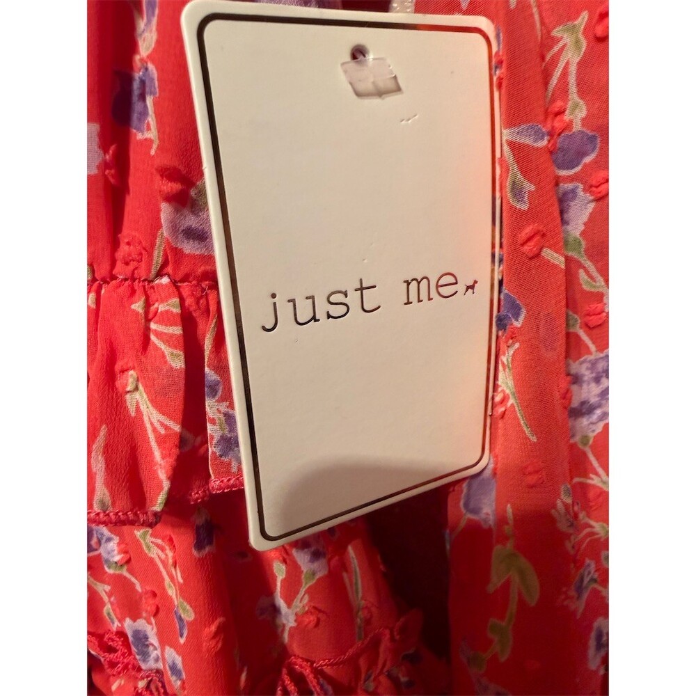 Just Me Dress Womens Size S Coral Orange Purple Floral Ruffle Tiered Mini - Picture 8 of 10